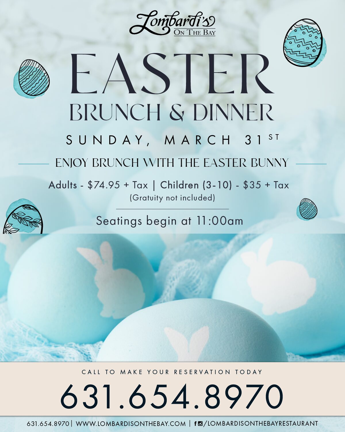 Easter Brunch and Dinner at Lombardi's on the Bay. The poster has a light blue background with decorative Easter eggs and features details about the event on Sunday, March 31st, including brunch with the Easter Bunny, pricing for adults and children, and seating times starting at 11:00 AM. Contact information for reservations is provided at the bottom.