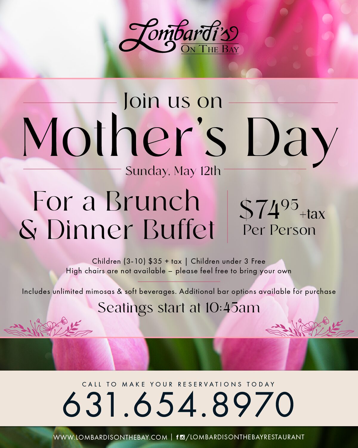 Lombardi’s on the Bay is serving up a special Mother’s Day brunch and dinner buffet on May 12, starting at 10:45 am. The buffet includes unlimited mimosas and soft drinks, with more drink options available for purchase. Reservations are required.