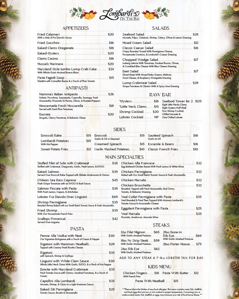  À la Carte Holiday Menu from Lombardi's on the Bay with appetizers, antipasti, salads, main courses, pasta, and steak options. Decorated with pine cones and holiday-themed greenery.