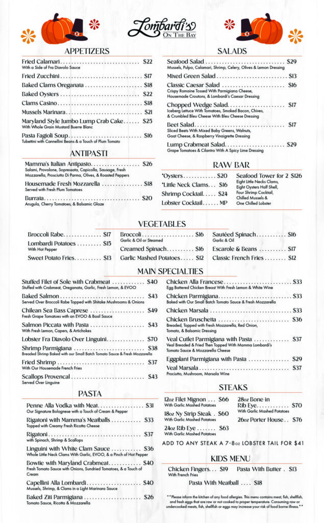 Join us for our Thanksgiving A La Carte Dinner on Thursday, November 27 at Lombardi’s on the Bay. Available for dine-in or to-go.