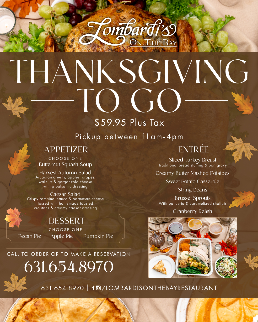 Thanksgiving To-Go flyer from Lombardi’s on the Bay promoting a $59.95 holiday meal with appetizers, entrées, dessert options, and pickup details