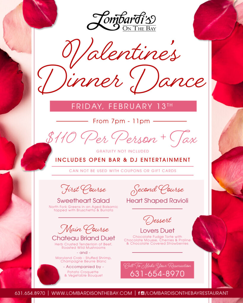 Alt text: Valentine’s Dinner Dance menu graphic with rose petals. Courses include Sweetheart Salad, heart-shaped ravioli, Chateau Briand duet (tenderloin and crab-stuffed shrimp with potato croquette and vegetables), and “Lovers Duet” dessert (chocolate fudge torte, chocolate mousse, cherries/praline, and chocolate-covered strawberries).
