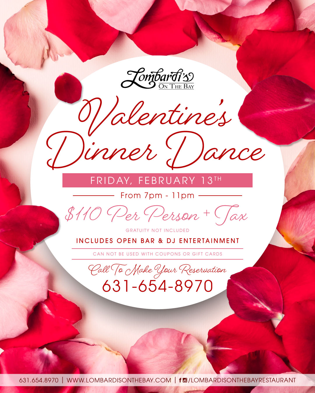 Join us for Lombardi’s On The Bay’s Valentine’s Dinner Dance on Friday, February 13 from 7–11PM — $110 per person + tax, includes open bar and DJ entertainment. Call 631-654-8970 for reservations.