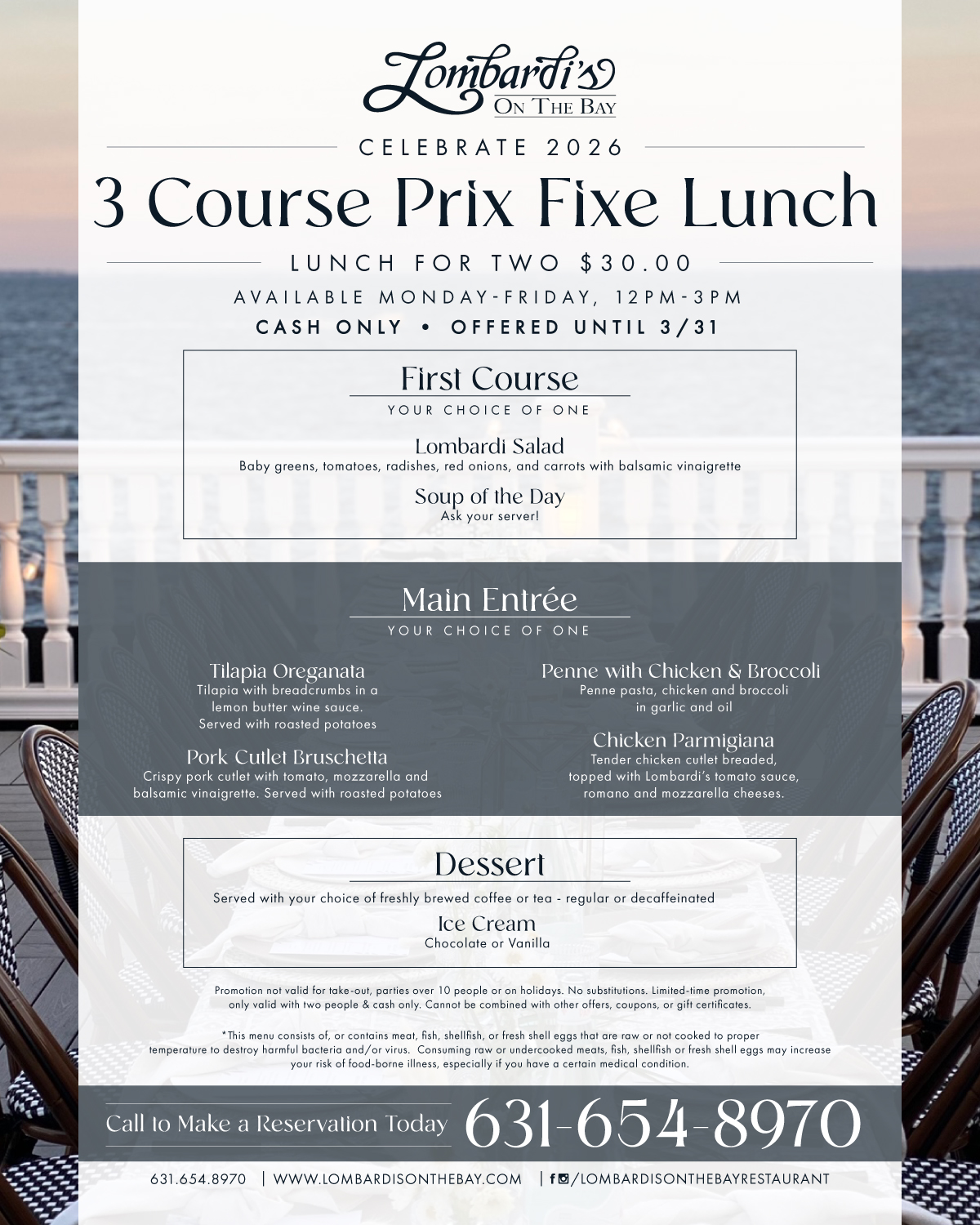 Flyer for Lombardi’s On The Bay promoting a 3-course prix fixe lunch for two for $30, Monday–Friday 12–3 PM, cash only, offered until 3/31, with a reservation phone number.