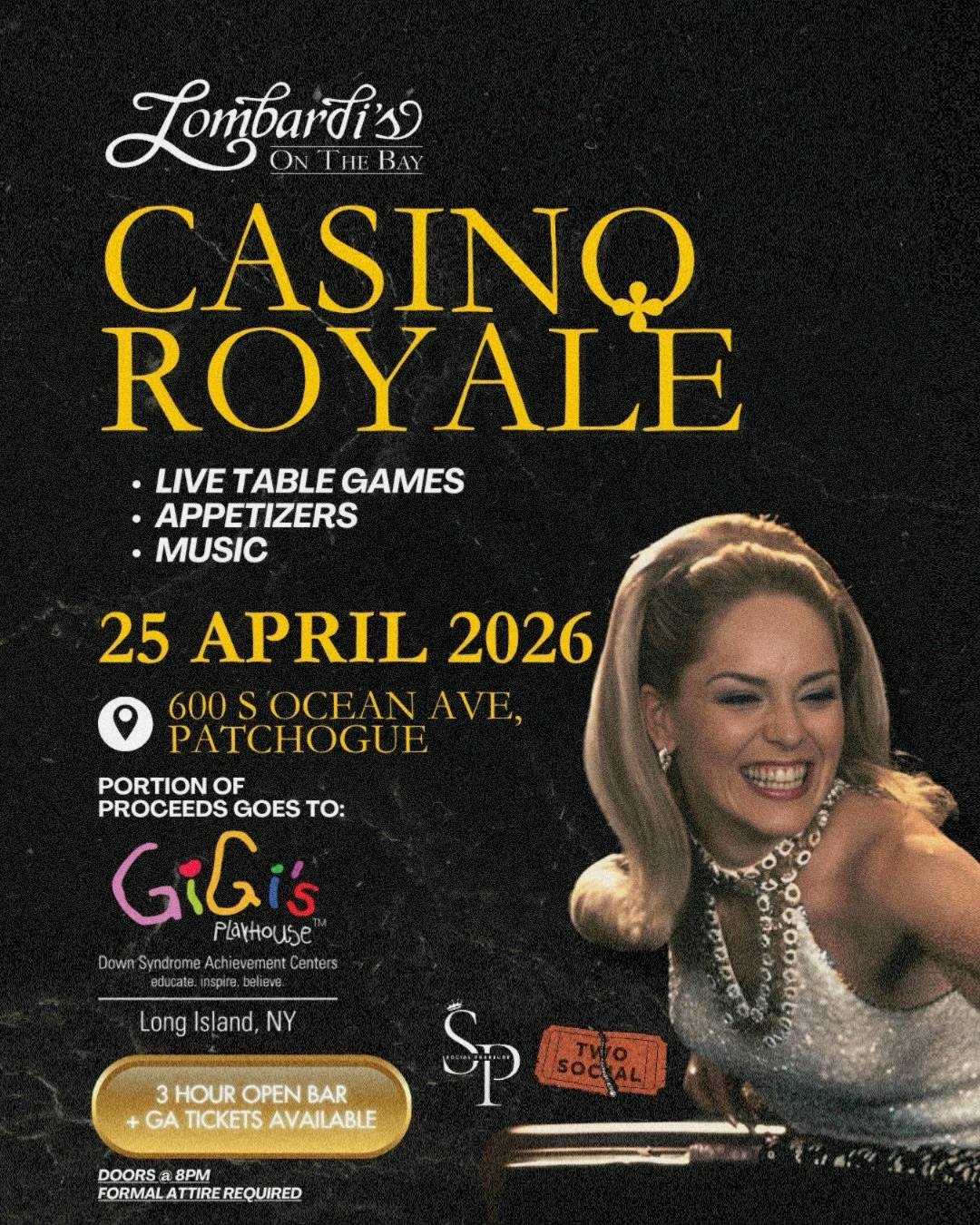 Join us for Casino Royale at Lombardi’s On The Bay on April 25, 2026, featuring live table games, music, appetizers, and tickets supporting GiGi’s Playhouse Long Island.
